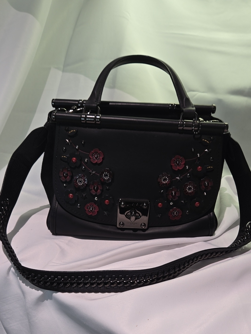 Coach Willow Floral Drifter Black Leather And Suede Top-Handle Shoulder Bag
